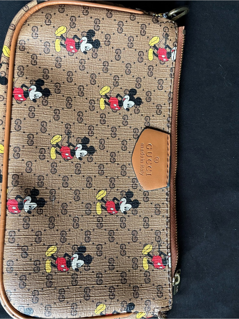 Gucci Brown Canvas Mickey Print Travel Pouch with Red and Yellow Accents RARE!!